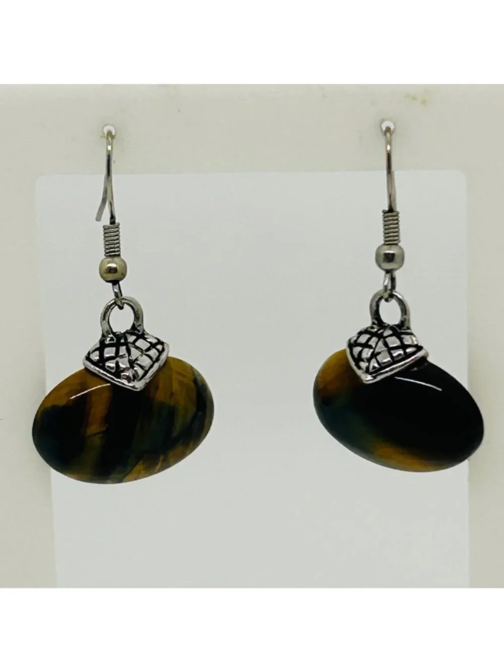 Tiger's Eye Dangle Drop Earrings Oval Gemstone Silver Tone Accents Modernist